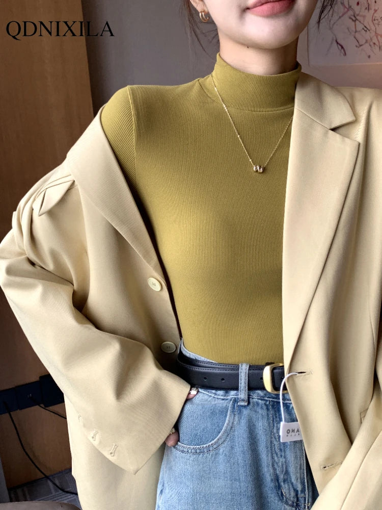 Women's Knitted Half-Turtleneck Pullover Sweater Elegant Korean Fashion Long-Sleeve Top Slim Fit Thermal Jumper Casual Knitwear