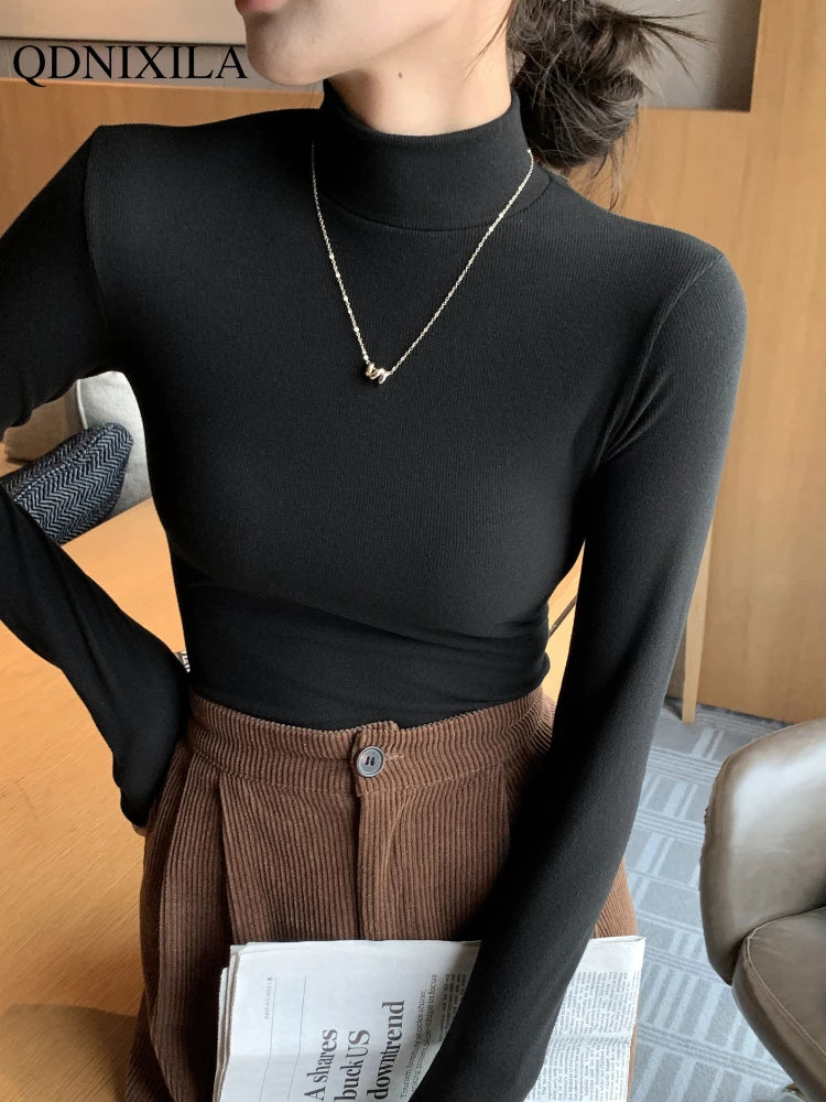 Women's Knitted Half-Turtleneck Pullover Sweater Elegant Korean Fashion Long-Sleeve Top Slim Fit Thermal Jumper Casual Knitwear