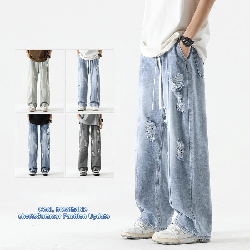 Men's Summer Ripped Jeans Loose Straight Leg Retro Men Draw Rope Port Fashion Brand All-match Casual Pants