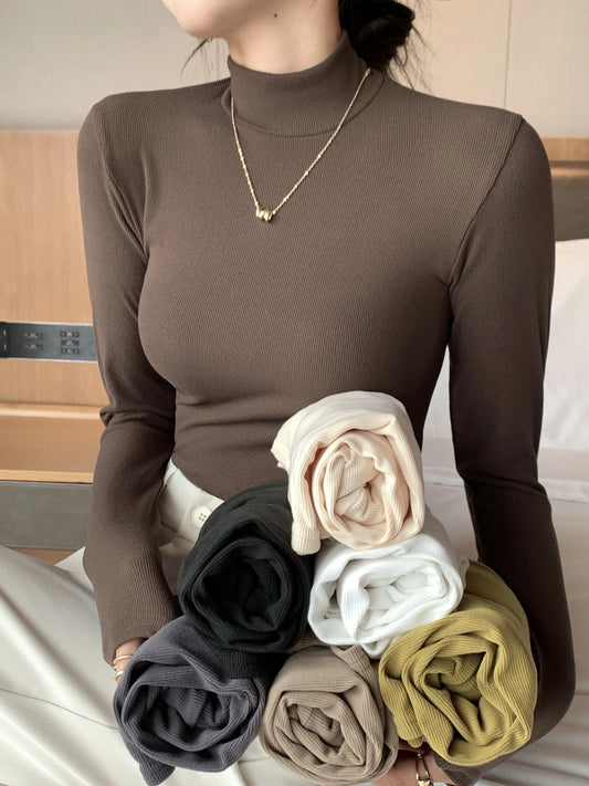 Women's Knitted Half-Turtleneck Pullover Sweater Elegant Korean Fashion Long-Sleeve Top Slim Fit Thermal Jumper Casual Knitwear